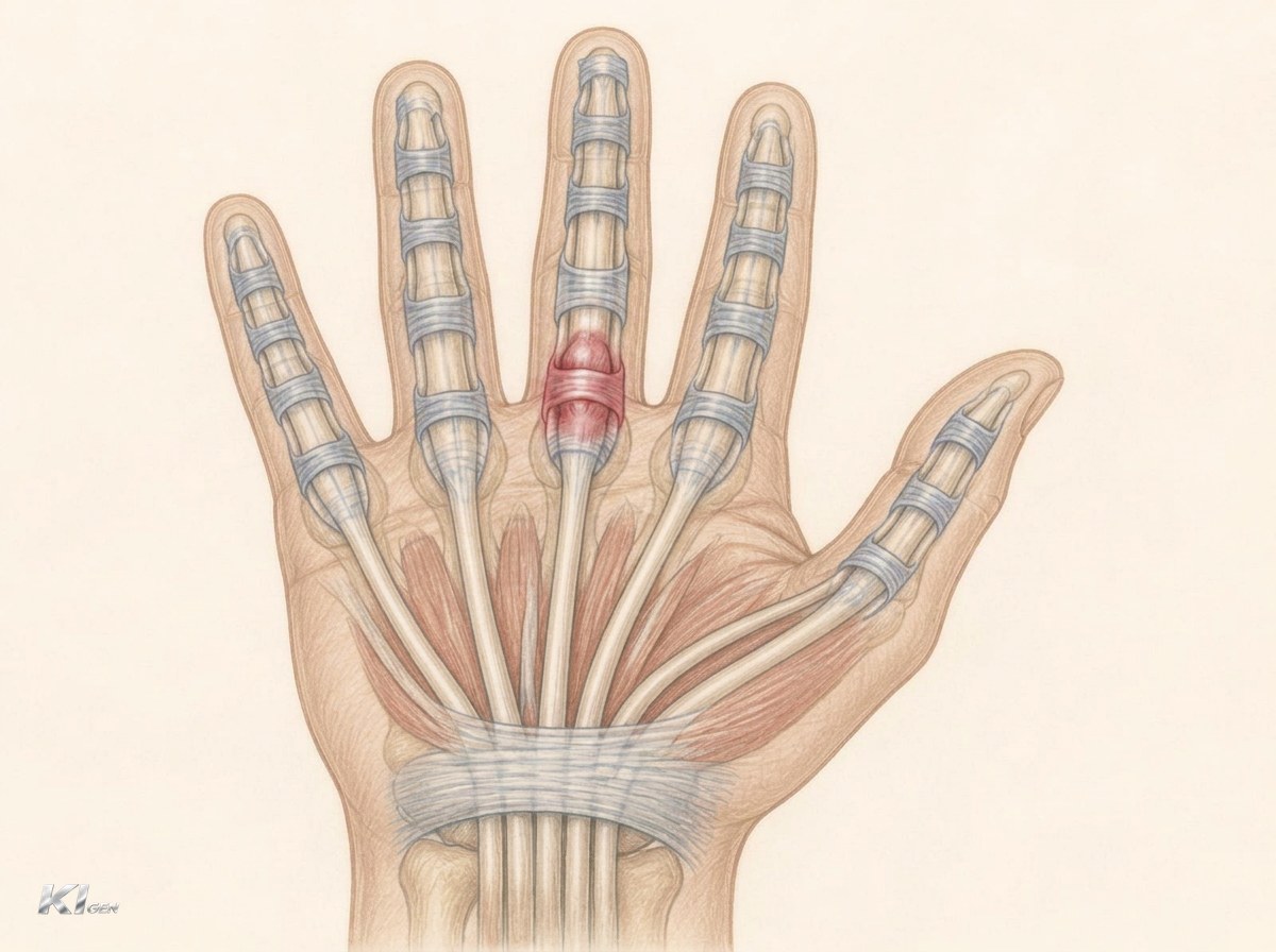 Anatomische Übersicht der Hohlhand: Beugesehnen mit Ringbändern A1 bis A5, hervorgehobenes A1-Ringband am Mittelfinger