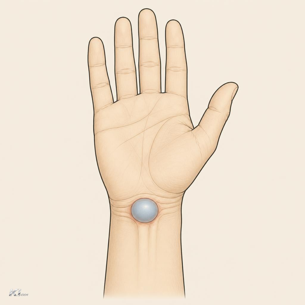 Handinnenfläche mit Ganglion auf der Beugeseite über der Handgelenksbeugefalte
