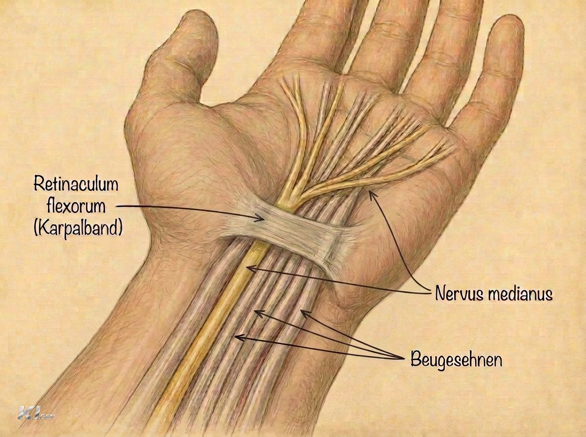 Anatomische Illustration des Karpaltunnels mit Retinaculum flexorum, Beugesehnen und eingeengtem Nervus medianus