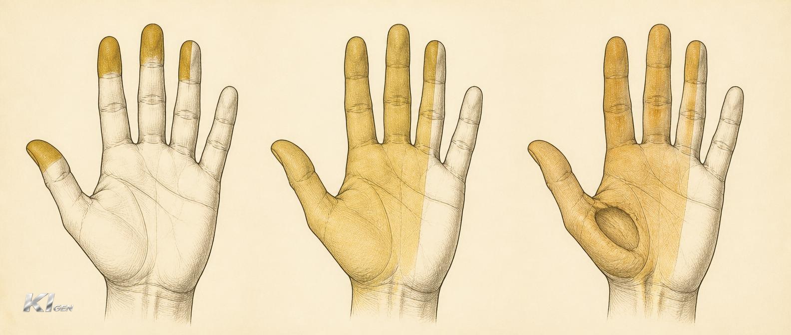 Illustration des Versorgungsgebiets des Nervus medianus mit zunehmender Ausdehnung der Gefühlsstörung und Muskelschwund am Daumenballen
