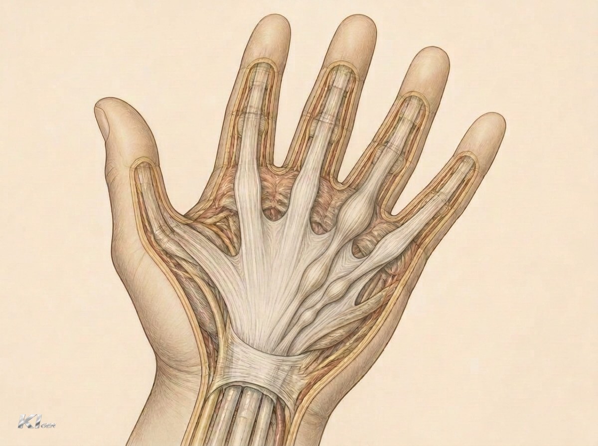 Anatomische Illustration der Palmaraponeurose in der Hohlhand mit Knoten und Strang zum Ringfinger
