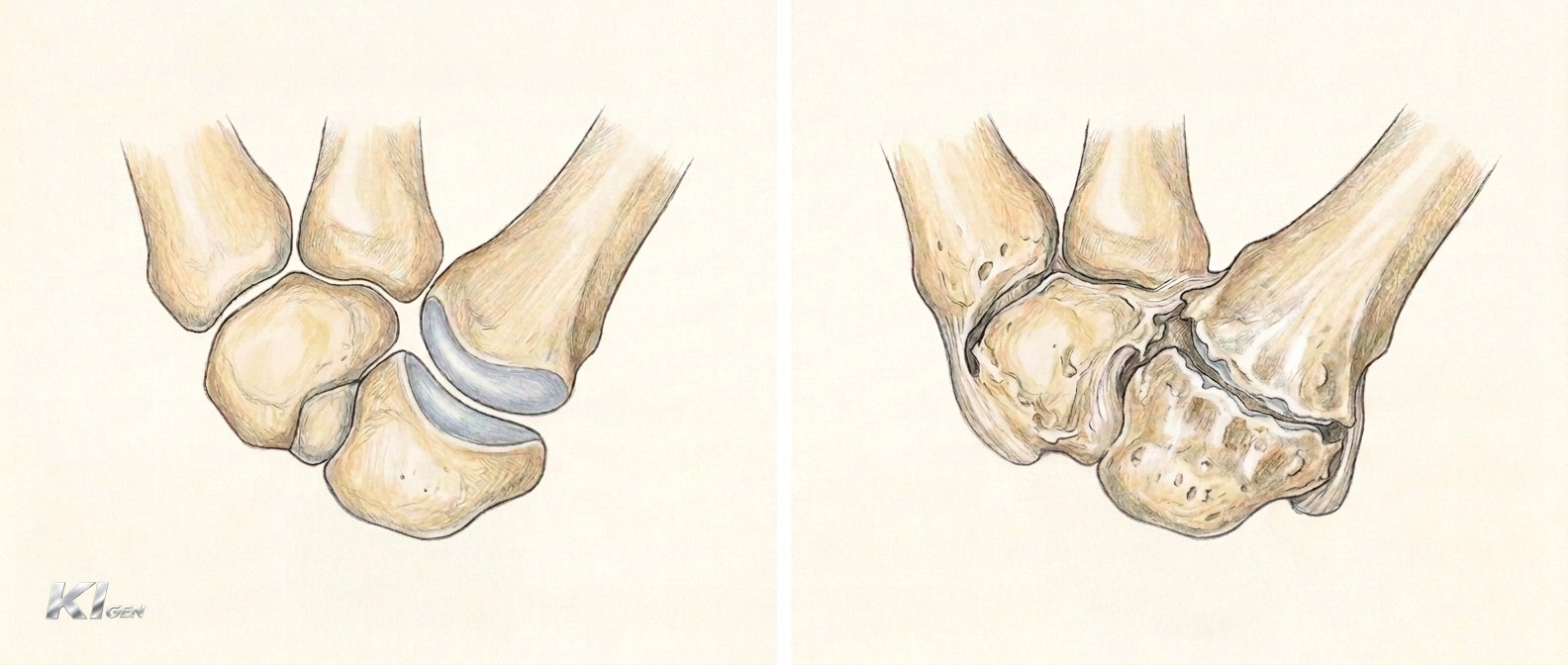Anatomische Illustration des Daumensattelgelenks: gesundes Gelenk mit intaktem Knorpel im Vergleich zur Rhizarthrose mit verschmälertem Gelenkspalt und Osteophyten
