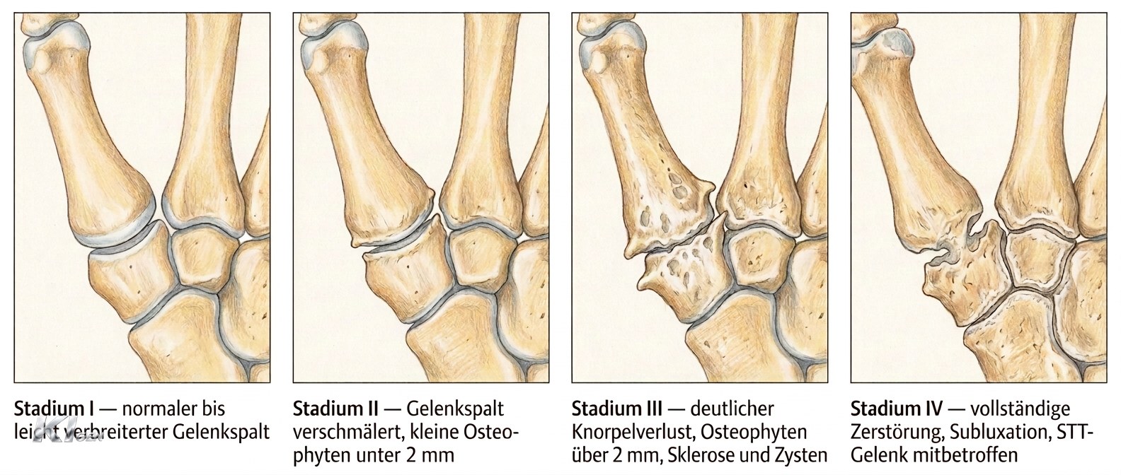 Illustration der vier Stadien der Rhizarthrose nach Eaton und Littler mit zunehmender Verschmälerung des Gelenkspalts, Osteophyten und Subluxation