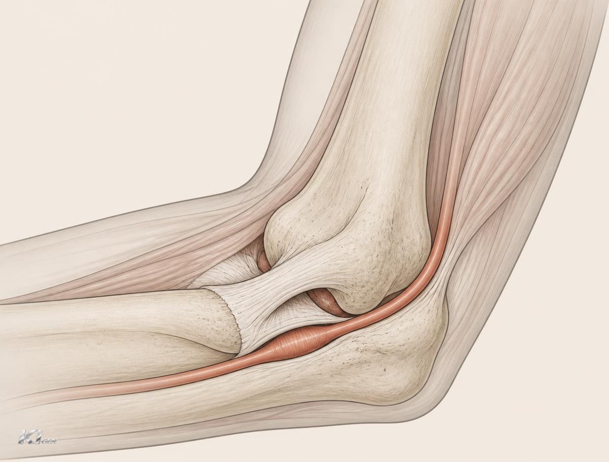 Anatomische Darstellung des Ellenbogens von innen: Ellennerv im Sulcus ulnaris zwischen Epicondylus medialis und Olekranon, mit Einengung im Kubitaltunnel